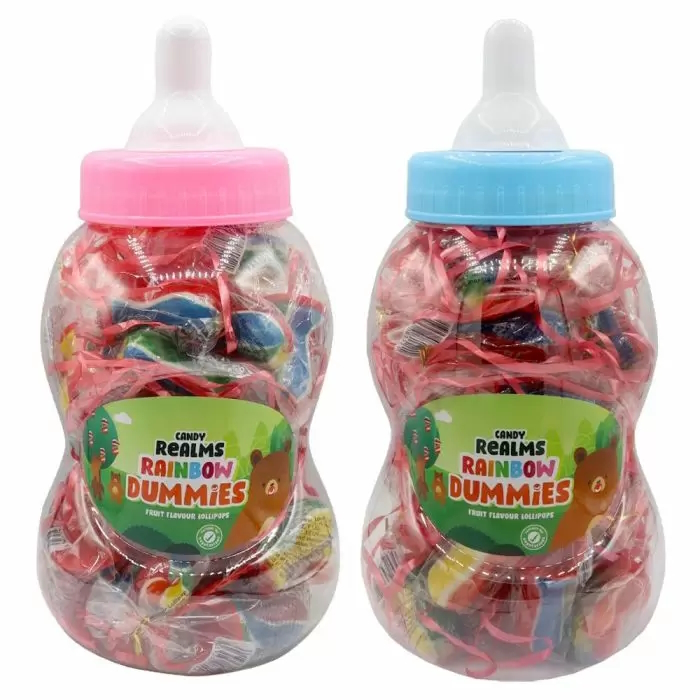 30 x Rainbow Dummies Lollies Candy Realms 60g In Baby Bottle Jar